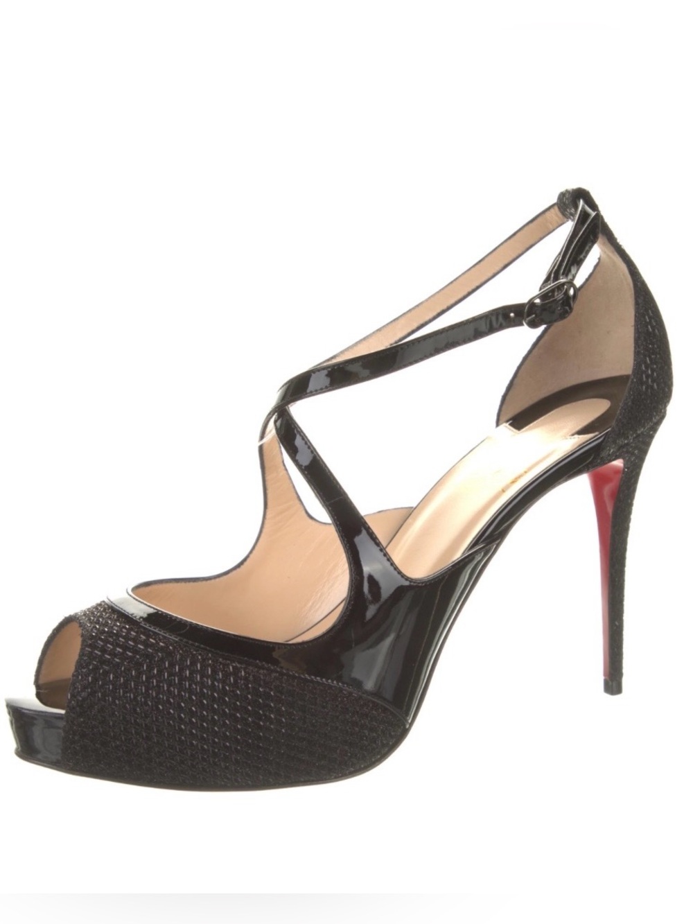 Christian Louboutin Mirabell Black Patent Peep-Toe Ankle-Strap Stiletto heels
